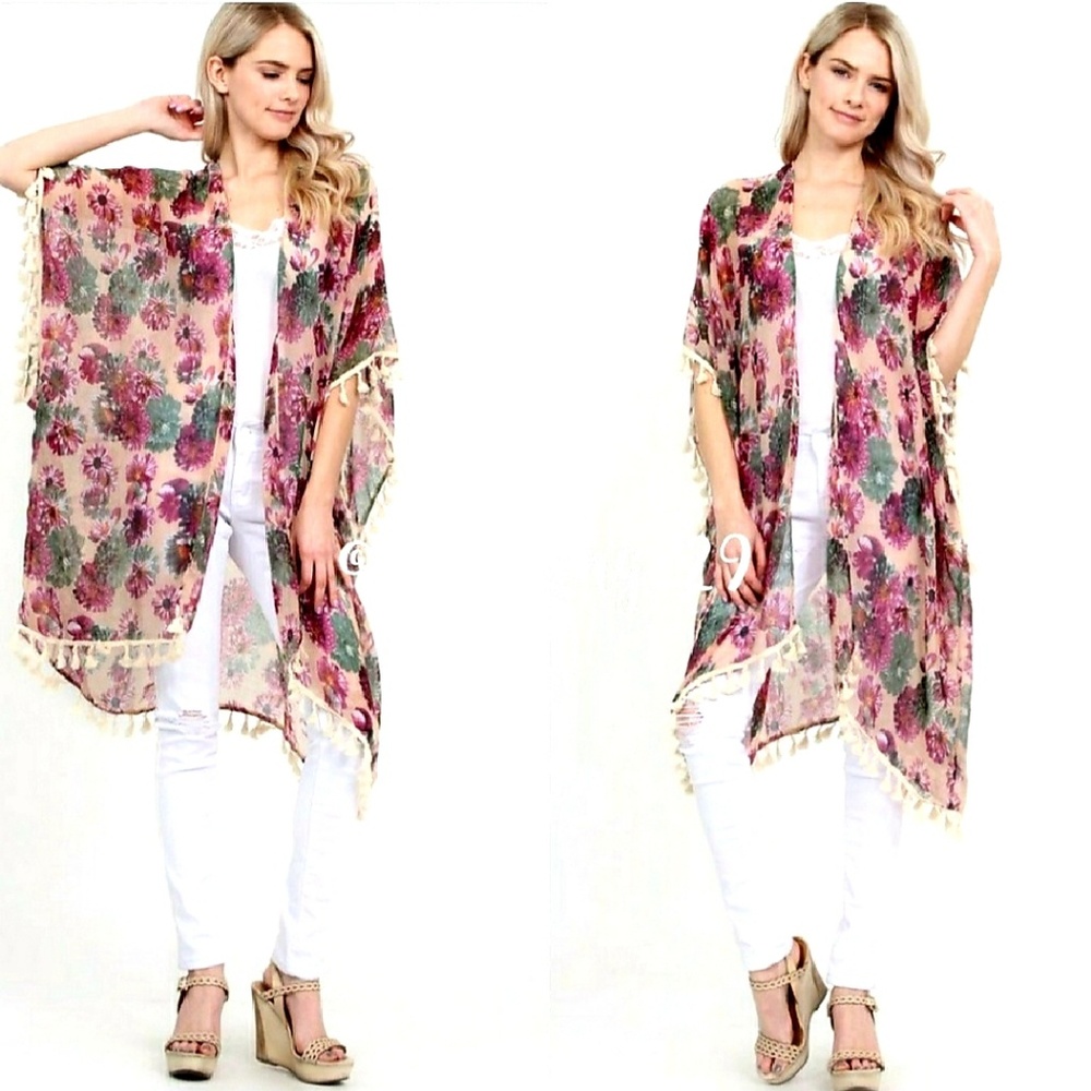 🆕 BEIGE PINK FLORAL OPEN LONG KIMOMO DUSTER - Picture 2 of 7